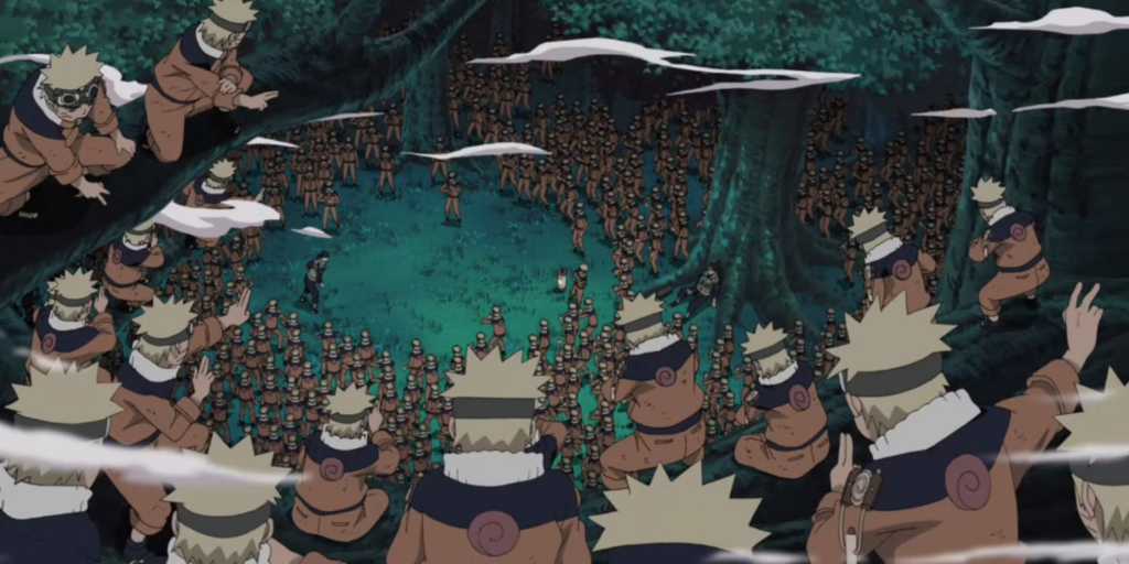 Dezenas de clones das sombras de Naruto preenchem a tela
