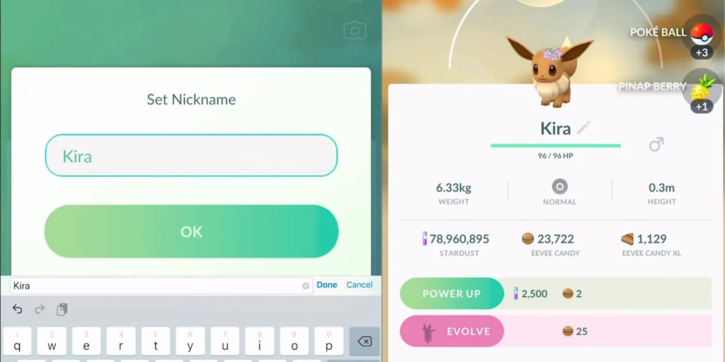 Usando o truque do nome para obter cada evolução Eevee em Pokémon GO